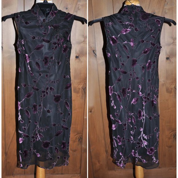 Evan-Picone Sheer Black Mandarin Collar Purple Flowered Sheath Knee Length Dress - Picture 1 of 11